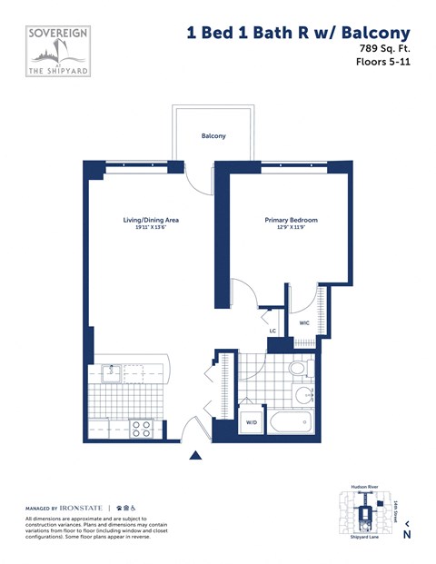 Floor plan for 1 bed, 1 bath, 789 sqft